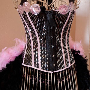 PRINCESS Pink Sequins Steampunk Corset Burlesque Outfit Circus Costume with feather train image 1