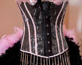 PRINCESS Pink Sequins Steampunk Corset Burlesque Outfit Circus Costume with feather train