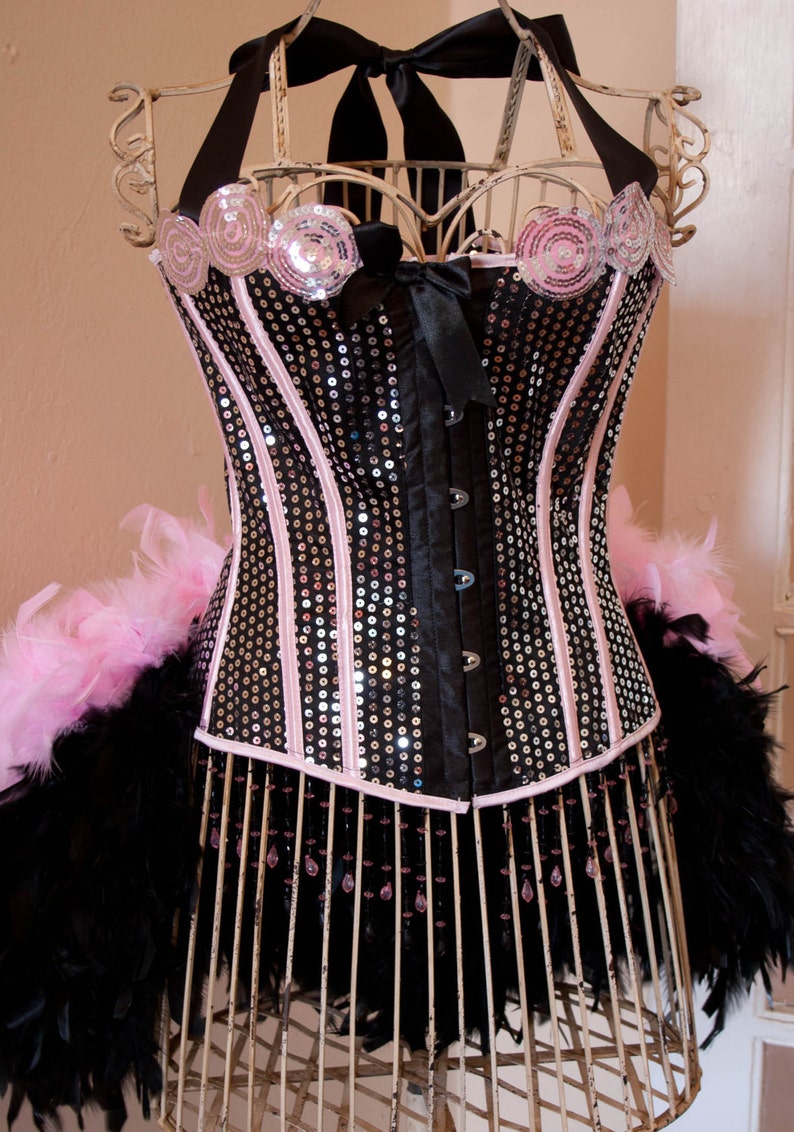 PRINCESS Pink Sequins Steampunk Corset Burlesque Outfit Circus Costume with feather train image 1