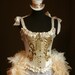OLYMPIAN Great Gatsby Gold Corset Burlesque Costume beaded fringe dress w/ feather train 