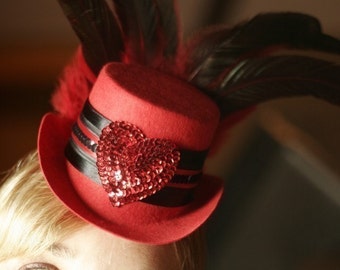 Queen of Hearts Red Burlesque Mini Top Hat fascinator with feathers for Valentine's Day