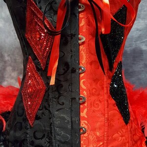 HARLEY QUINN Burlesque Cosplay Costume Harlequin Queen of hearts diamonds red & black feather dress image 5