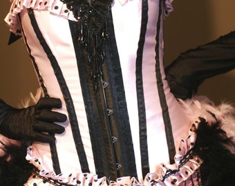 COTTON CANDY Pink & Black Striped Circus Ringmaster Costume Burlesque Dress with feather train