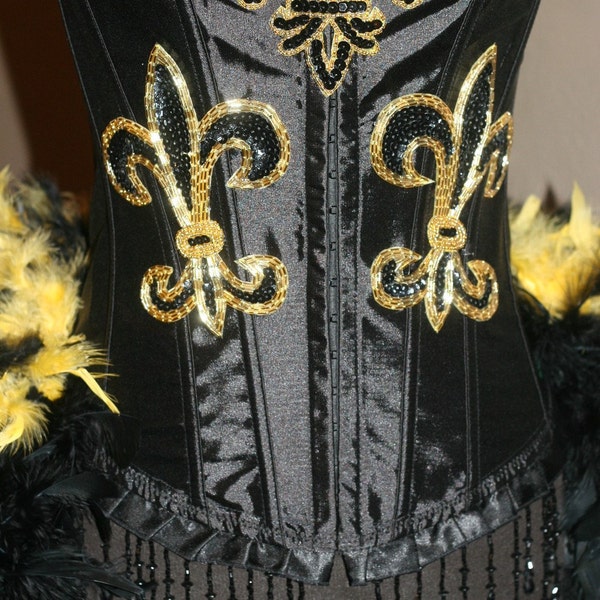 GEAUX SAINTS Burlesque Corset Costume - Black and Gold Fleur de Lis