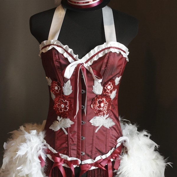 ROSE RED - White Halloween Burlesque Corset Costume Mini Top Hat - SMALL