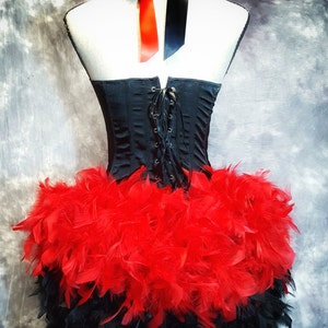 GEOMETRIC Red White Black Burlesque Corset Harley Quinn costume cosplay w/ feather train image 3