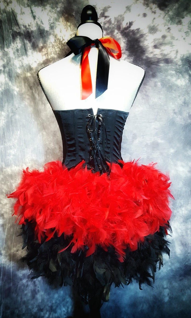 GEOMETRIC Red White Black Burlesque Corset Harley Quinn costume cosplay w/ feather train image 3