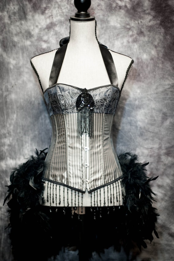 STORM Burlesque Outfit Silver Black Striped Corset Steampunk Dress With  Feather Bustle 