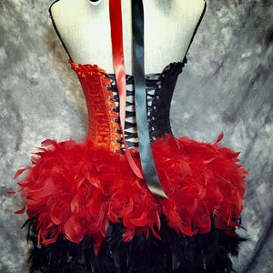 HARLEY QUINN Burlesque Cosplay Costume Harlequin Queen of hearts diamonds red & black feather dress image 3