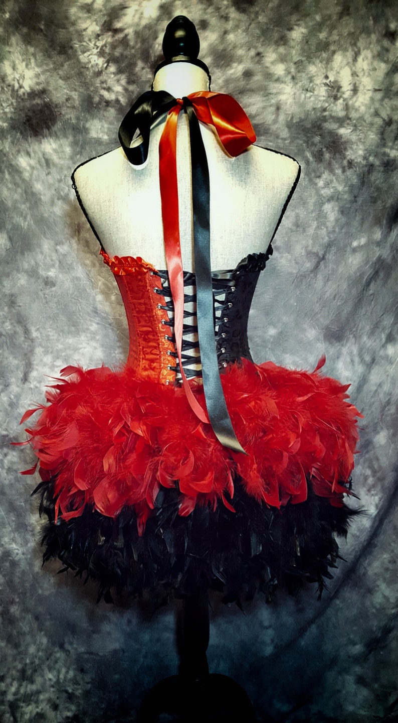 HARLEY QUINN Burlesque Cosplay Costume Harlequin Queen of hearts diamonds red & black feather dress image 3