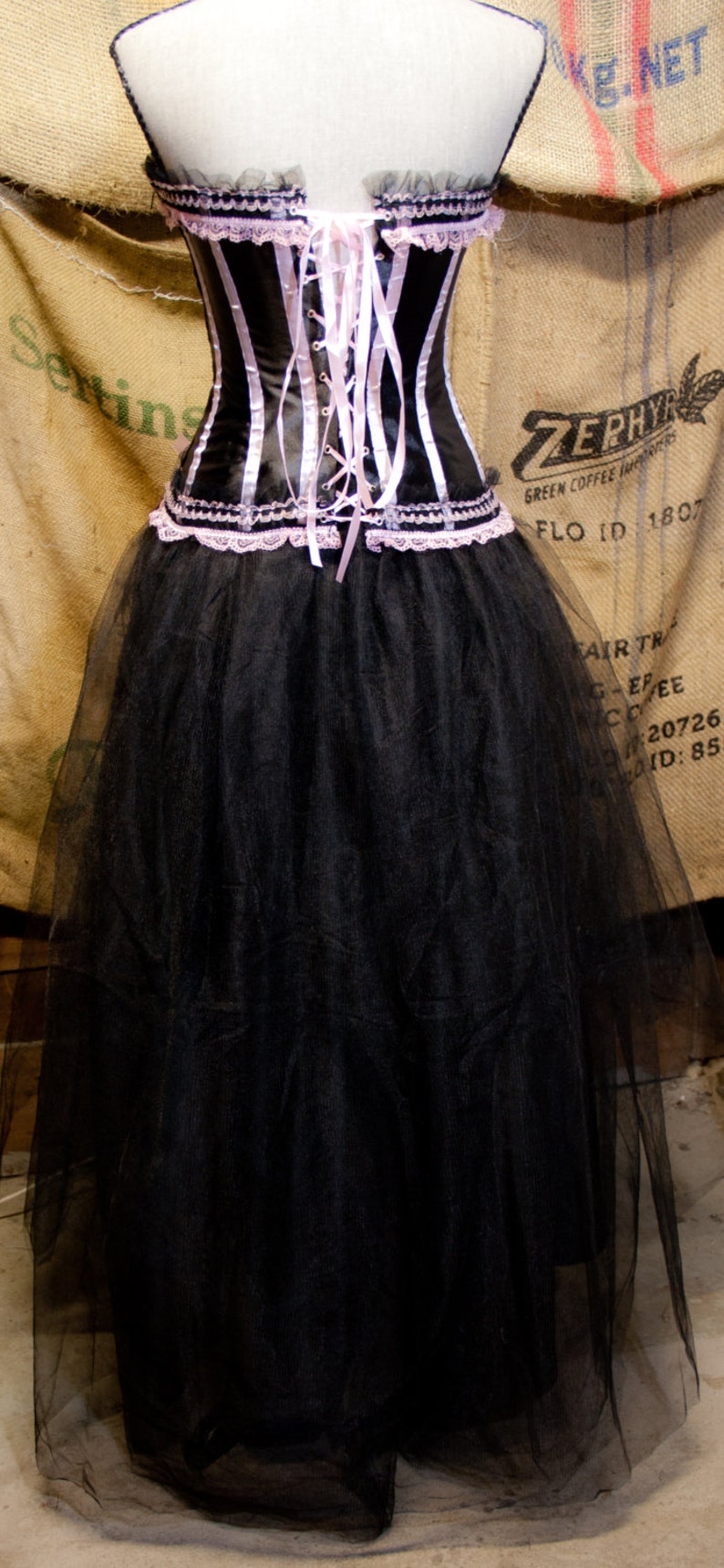 Pink & Black Burlesque costume Prom dress corset top with tulle tutu skirt image 3