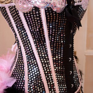 PRINCESS Pink Sequins Steampunk Corset Burlesque Outfit Circus Costume with feather train image 2