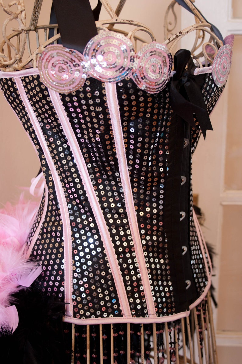 PRINCESS Pink Sequins Steampunk Corset Burlesque Outfit Circus Costume with feather train image 2