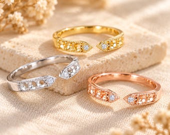Six Stone Open Ring Setting for 3mm Round Gems, 925 Silver Ring Blank, Art Deco Style, Adjustable or Custom US Size 4-16, DIY Jewelry