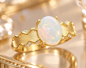 Birthday Gift for Grandma, Cocktail Ring, Opal 8x10mm, 925 Sterling Silver, Cabochon, Vintage Style Textured Wave Shoulders, Ring Setting
