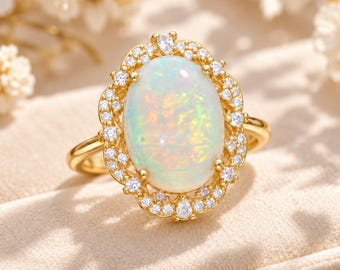 Christmas Gift for Sister, Cocktail Ring, Opal 10x14mm, 925 Sterling Silver, Oval Cabochon, Scalloped Halo, Four Prong, Ring Setting