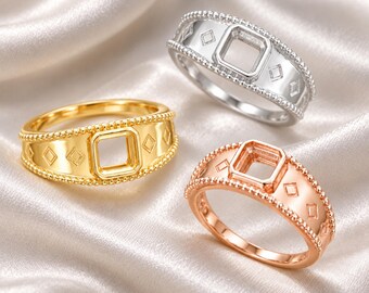 5mm Square Ring Setting, 925 Sterling Silver Ring Blank, Art Deco Ring, Ring Bezel, Adjustable Ring, DIY Ring
