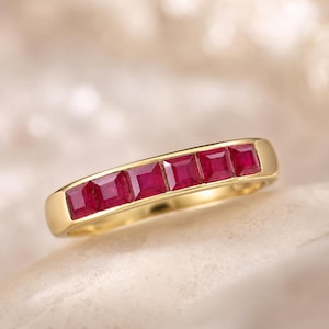 Natural Ruby Wedding Band Gift for Her, July Birthstone, 925 Sterling Silver, 3mm Princess Cut, Six-Stone Channel-Set Ring, Empty/Finished