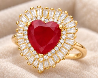 Christmas Gift for Mom, Cocktail Ring, Ruby 10mm, 925 Sterling Silver, Heart Cut, Art Deco Double Halo, Adjustable Size, Ring Setting