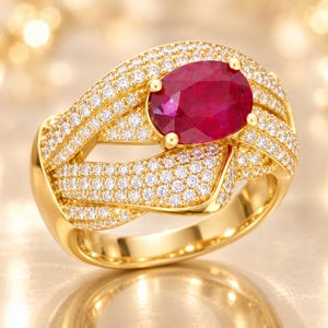 Può includere: Un anello in oro con una grande pietra preziosa rosso scuro dal taglio ovale al centro. La fascia è larga e presenta un intricato motivo a incrocio, interamente tempestato di numerosi piccoli diamanti bianchi dal taglio rotondo e trasparente.