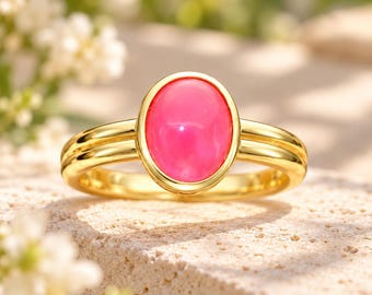 Graduation, Daughter Gift, Solitaire Ring, Pink Opal 5x7mm, 925 Sterling Silver, Oval Cabochon, Minimalist Double Ridge Bezel Ring Setting