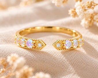 Graduation Gift for Best Friend, Six Stone Ring, Rainbow Crystal 3mm, 925 Sterling Silver, Vintage Style, Open Top, Round Cut, Ring Setting