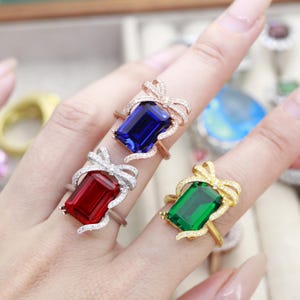 Gemstone Engagement Ring, Gift for Bride, Birthstone Jewelry, 925 Sterling Silver, 10x14mm Emerald Cut, Bow Ring, Empty or Finished