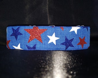 Stella 1.5 or 2 Inch Martingale Dog Collar - Padded and Lined with Free Custom Sizing - Patriotic USA Red White and Blue Stars