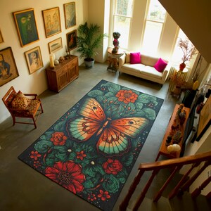 Colorful Butterfly Rug - Vibrant Floral Design Area Rug, Nature-Inspired Carpet, Bold Living Room Accent, Artistic Floor Decor