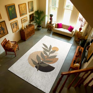 Modern Abstract Leaf Area Rug in Earthy Tones – Large Accent Piece for Living Room or Bedroom Decor