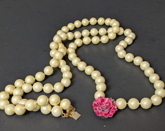 Vintage Faux Pearl Necklace | Double Strand, Pink Rose Clasp