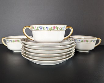 Three Flat Bouillon Cups and Six Saucers in Melrose Pattern by SYRACUSE China - Crafted in USA in November 1917