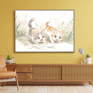 Cute Cat Wall Art, Playful Kittens Painting, Watercolor Animal Print, Nursery Decor, Child&#39;s Room Decoration, Whimsical Cat Artwork