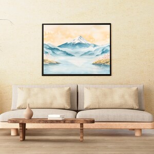 Serene Mountain Landscape Wall Art, Tranquil Nature Scene Print, Large Framed Artwork for Living Room Decor, Modern Home Interior