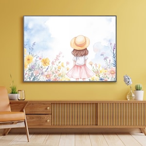 Charmantes Mädchen im Garten, Wandkunst, niedlicher Blumenkunstdruck, Kinderzimmerzimmerdekor, Mädchen-Schlafzimmerbild, wunderliche Kinderkunstwerk