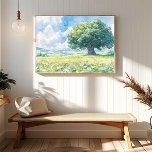 Schöne Natur Landschaft Wandkunst, Baum in der Wiese Druck, ruhiger grüner Baum Poster, Sommer Feld Kunstwerk, friedliches Wohndekor