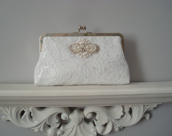 Rhinestone bridal clutch, white lace clutch, handwoven silk purse, wedding purse, glamour clutch, art deco inspired uk england