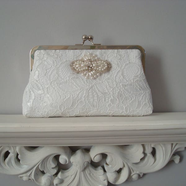 Rhinestone bridal clutch, white lace clutch, handwoven silk purse, wedding purse, glamour clutch, art deco inspired uk england