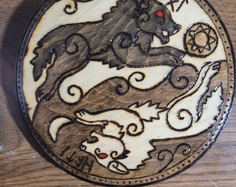 Hati and Skoll Wolves Wood Plaque Pyrography