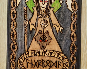 Angrboda Wood Plaque Fenrir Loki Pyrography