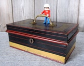 Antique large moneybox c.1800s Vintage metal cash box with brass handle Victorian petty cash tin, money box
