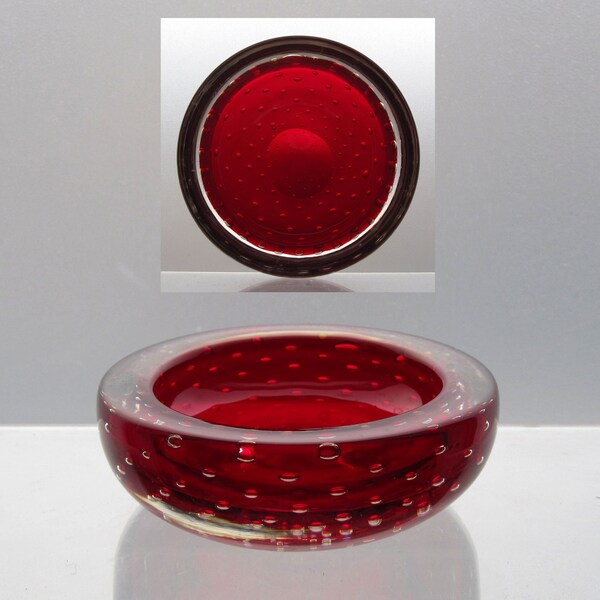 Vintage Whitefriars 9099 controlled bubble glass bowl / Ruby red and clear cased glass