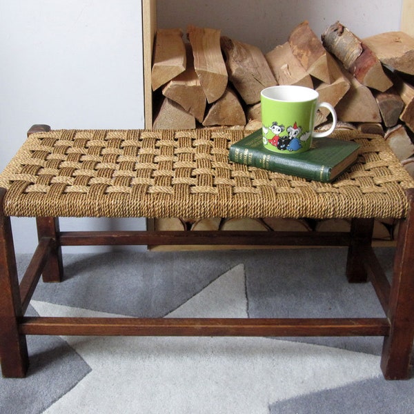 Vintage wide seagrass stool / Long double footstool