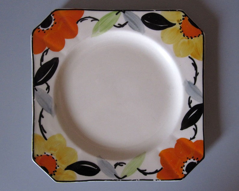 Vintage art deco cake plate c.1930s Myott hand painted pottery cakes stand