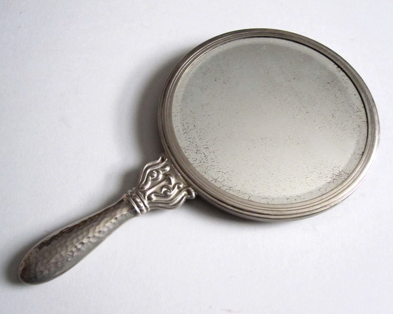 Vintage planished metal hand mirror / Hammered silver pewter Etsy