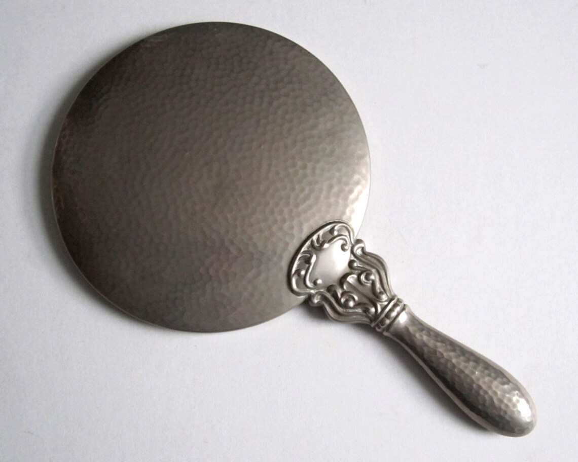 Vintage planished metal hand mirror / Hammered silver pewter Etsy