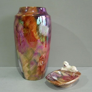Vintage large ceramic lustre ware vase and Poodle dog dish, Oldcourt Ware Pottery