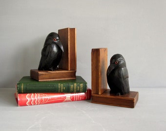 Antique wooden crow bookends / Vintage pair book ends