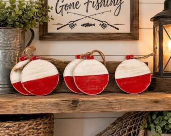 bobbers wooden SET of 6 fishermen gifts fishing bobbers  Christmas tree  ornament decorations fishing party lake house nursery decor
