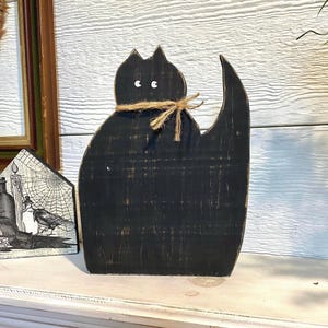 Primitive cat decor  black cat wooden cat sign Halloween cat Halloween decor   @sweetshelbys